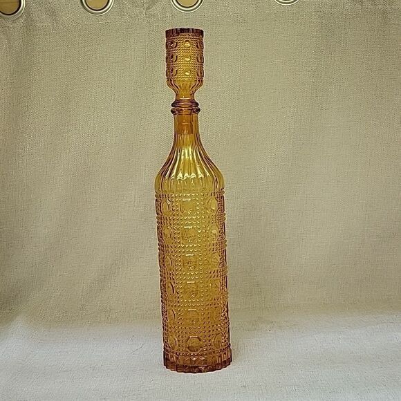 RETRO MID CENTURY AMBER PRESSED EMPOLI GLASS ITALIAN  GENIE BOTTLE w/ STOPPER - Picture 1 of 10
